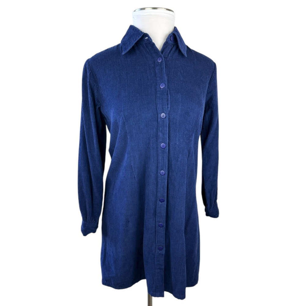Vintage April Cornell Cotton Corduroy Button Front Shirt Dress Blue Size Medium - Picture 2 of 13